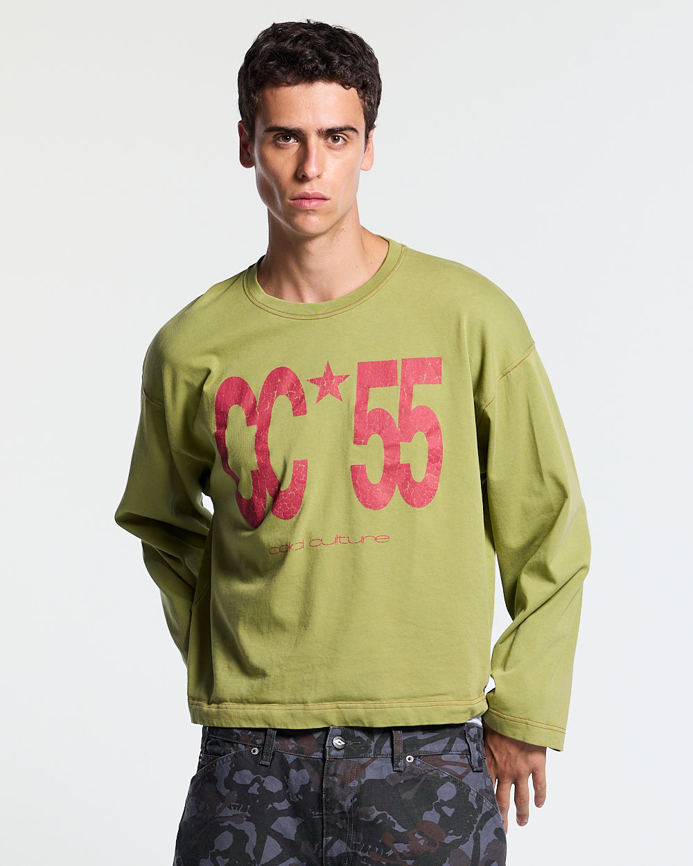 FLYING FREE LONGSLEEVE GREEN - green graphic print longsleeve tee, front view on male model - Cold Culture #man
