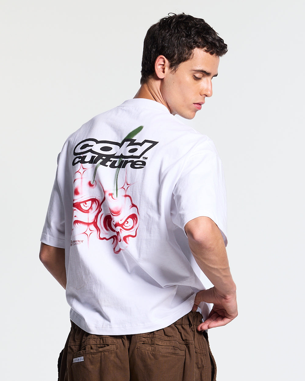 DEAD SWEET TEE WHITE - white graphic print tee, back view on male model - Cold Culture #man