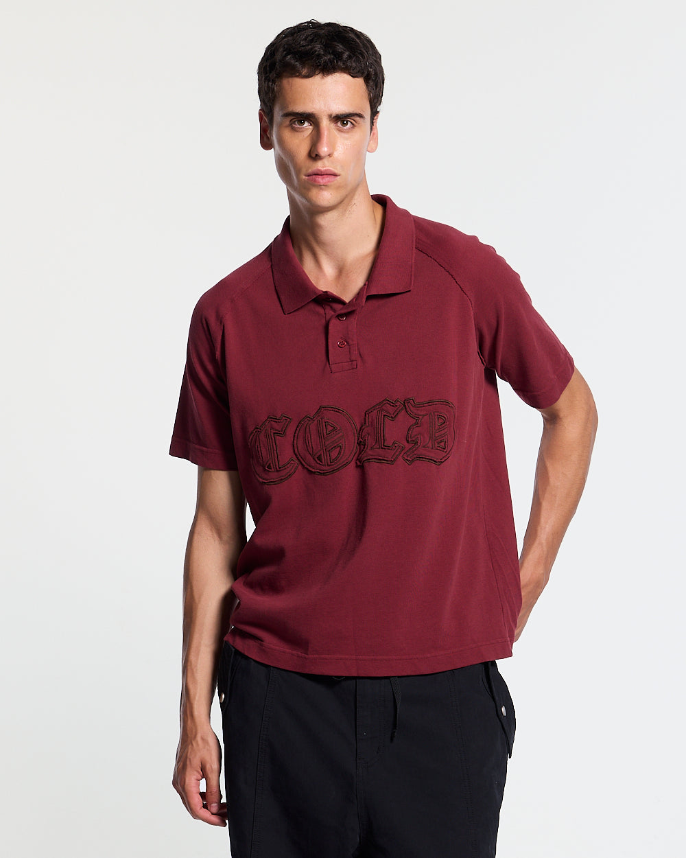 GOTHIC DISTRESSED POLO BURGUNDY - burgundy gothic print polo shirt, front view on male model - Cold Culture #man
