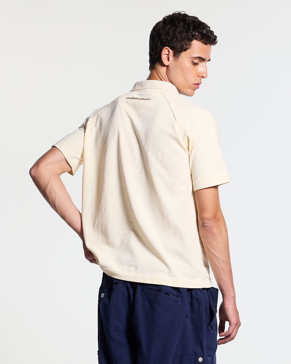 GOTHIC DISTRESSED POLO BEIGE - beige gothic print polo shirt, side view - Cold Culture #man