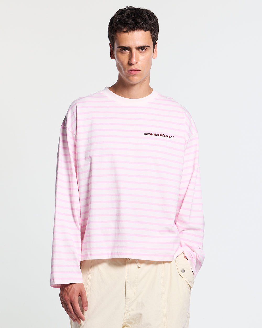 NORTH STARS LONGSLEEVE PINK - pink striped longsleeve tee, front view on male model - Cold Culture #man