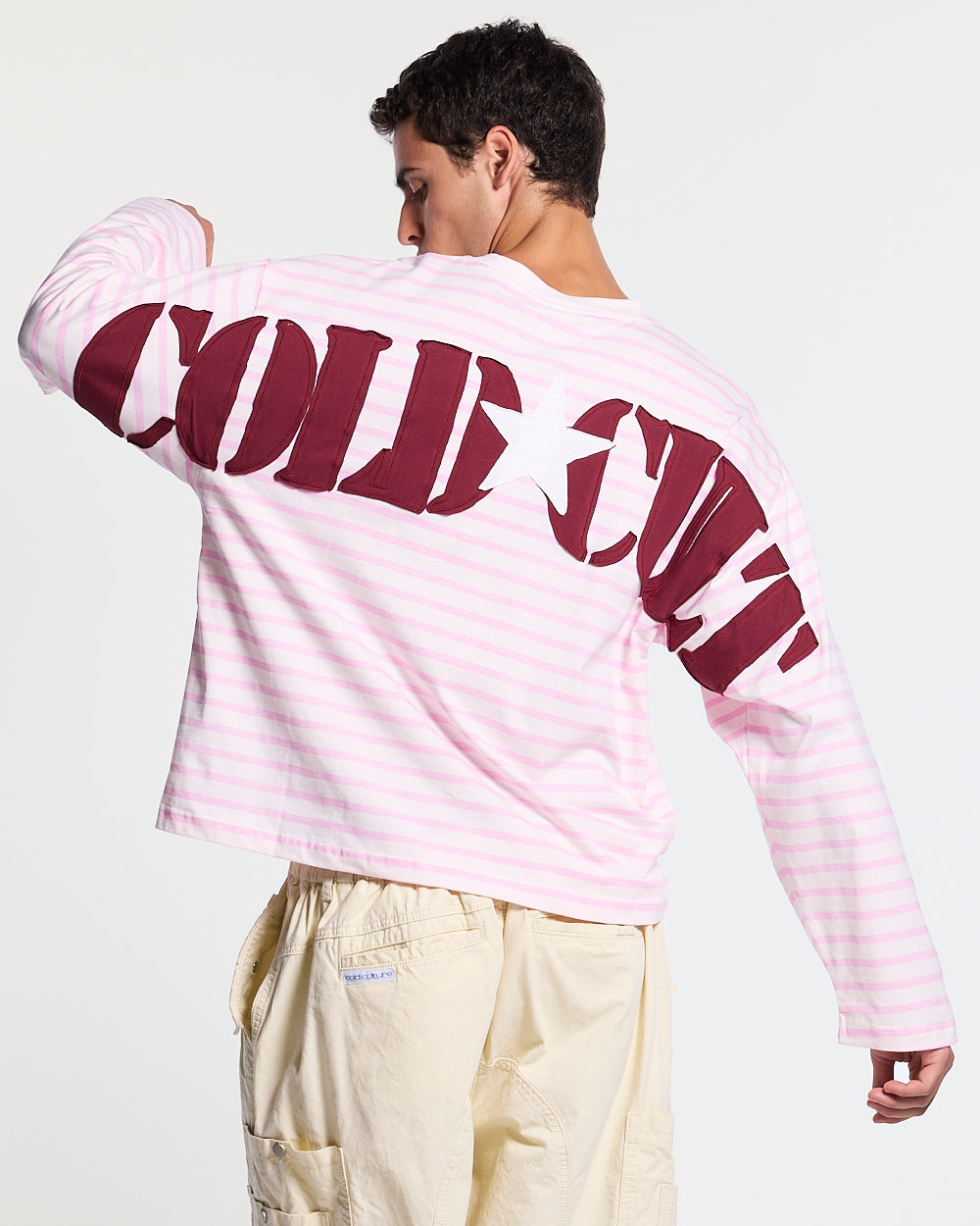 NORTH STARS LONGSLEEVE PINK - pink striped longsleeve tee, back view on male model - Cold Culture #man