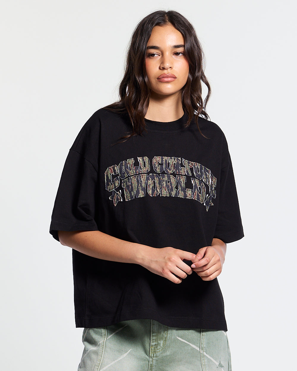 HUNTER TEE BLACK - black graphic print tee, front view on female model - Cold Culture #woman