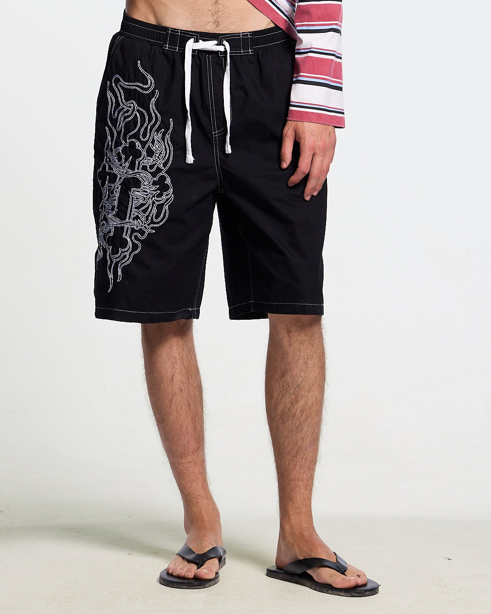 OBSIDIAN SWIMSHORTS BLACK - black embroidered swim shorts, worn detail - Cold Culture