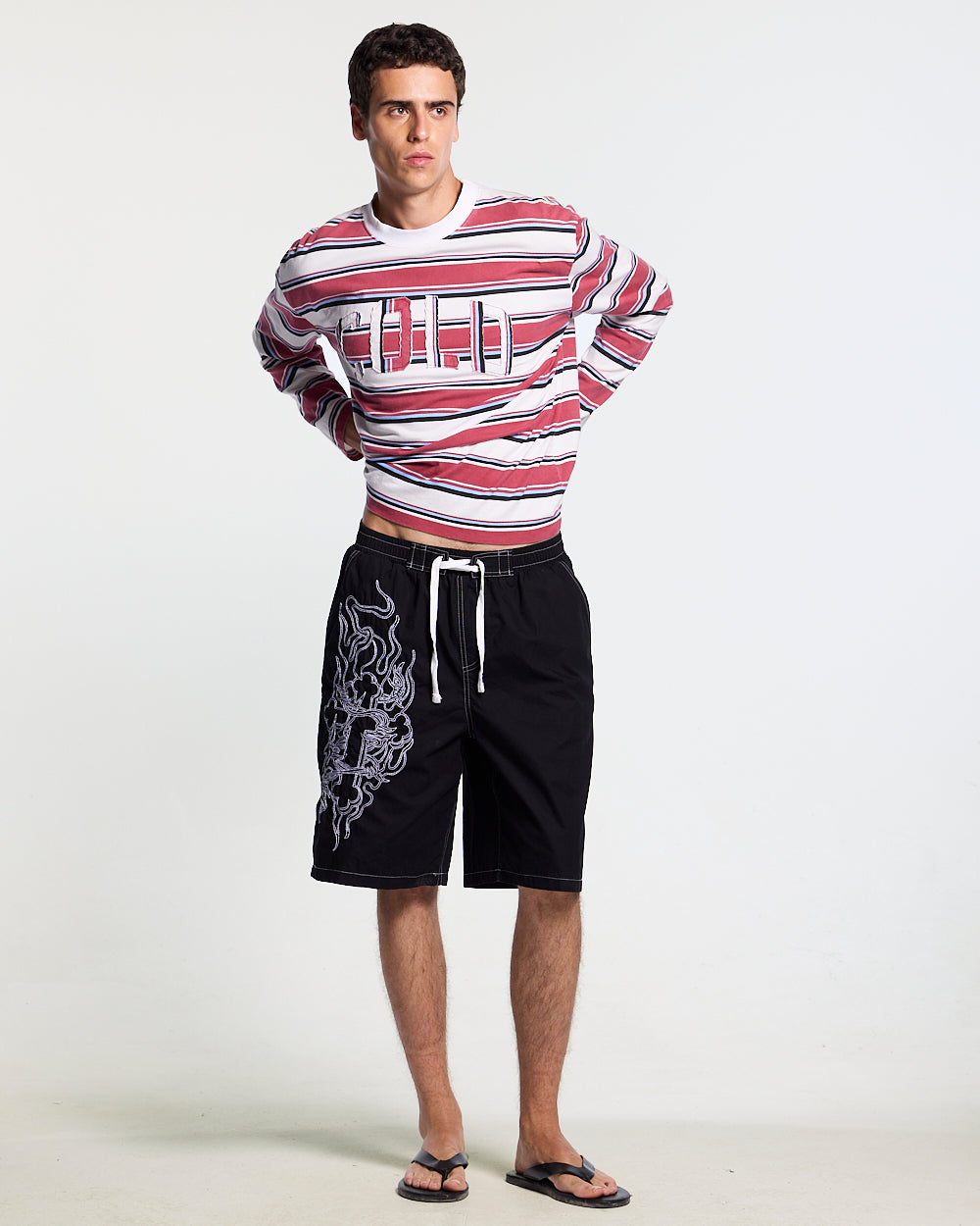 OBSIDIAN SWIMSHORTS BLACK - black embroidered swim shorts, front view on male model - Cold Culture #man
