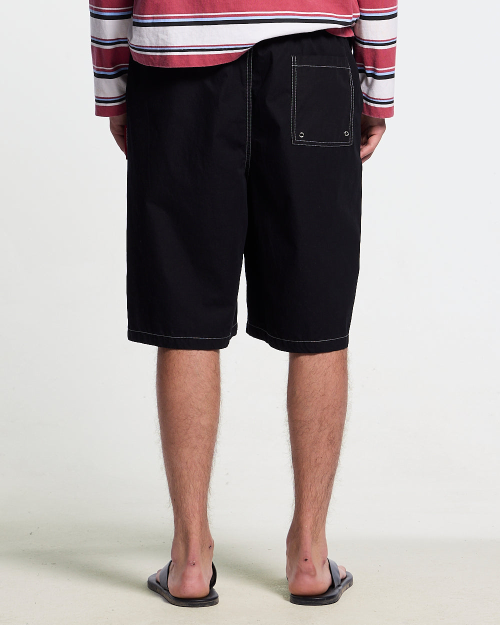 OBSIDIAN SWIMSHORTS BLACK - black embroidered swim shorts, worn detail - Cold Culture