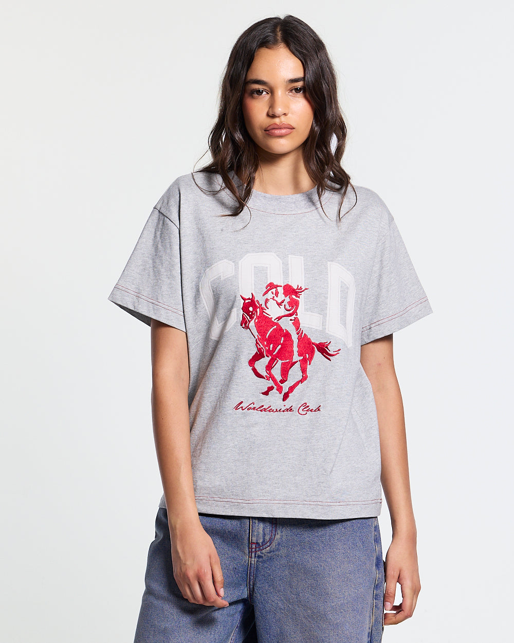 OPERA TEE HEATHER GREY - heather grey horse print tee, front view on female model - Cold Culture #woman