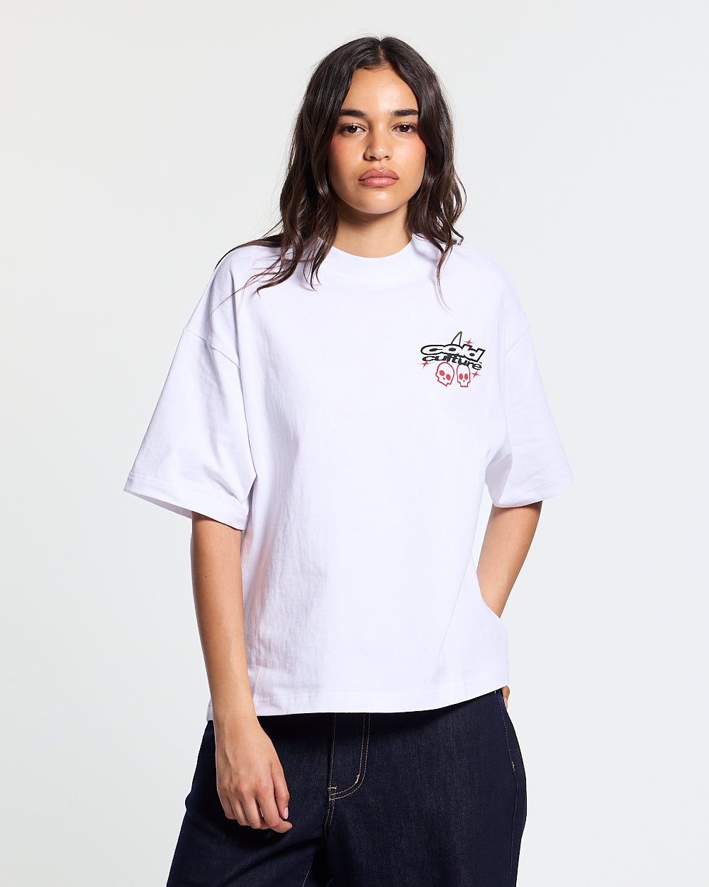 DEAD SWEET TEE WHITE - white graphic print tee, front view on female model - Cold Culture #woman