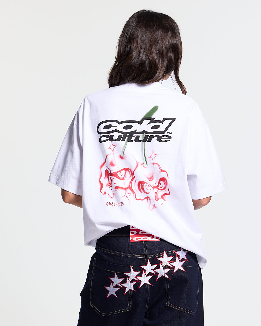 DEAD SWEET TEE WHITE - white graphic print tee, back view on female model - Cold Culture #woman
