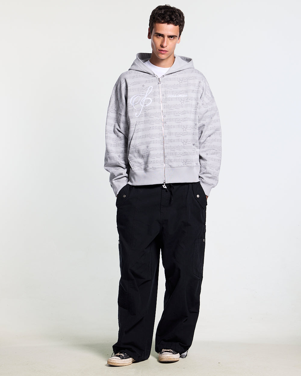BEAT IT ZIP HOODIE GREY - grey printed zip-up hoodie, front view on male model - Cold Culture #man