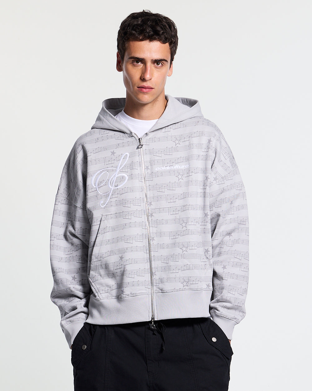 BEAT IT ZIP HOODIE GREY - grey printed zip-up hoodie, front view on male model - Cold Culture #man