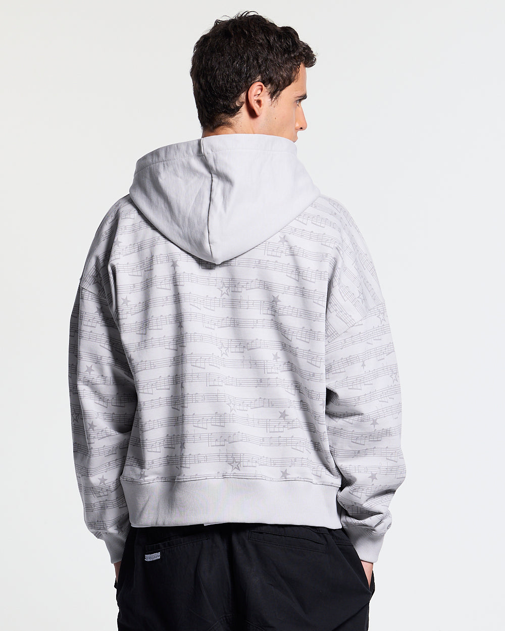 BEAT IT ZIP HOODIE GREY - grey printed zip-up hoodie, back view on male model - Cold Culture #man