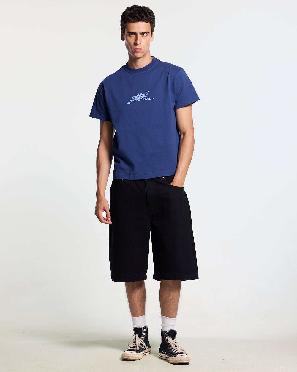 BLOOM TEE NAVY - navy floral print tee, front view on male model - Cold Culture #man