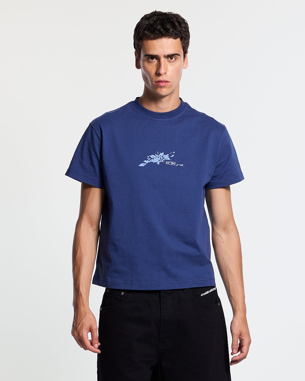 BLOOM TEE NAVY - navy floral print tee, front view on male model - Cold Culture #man