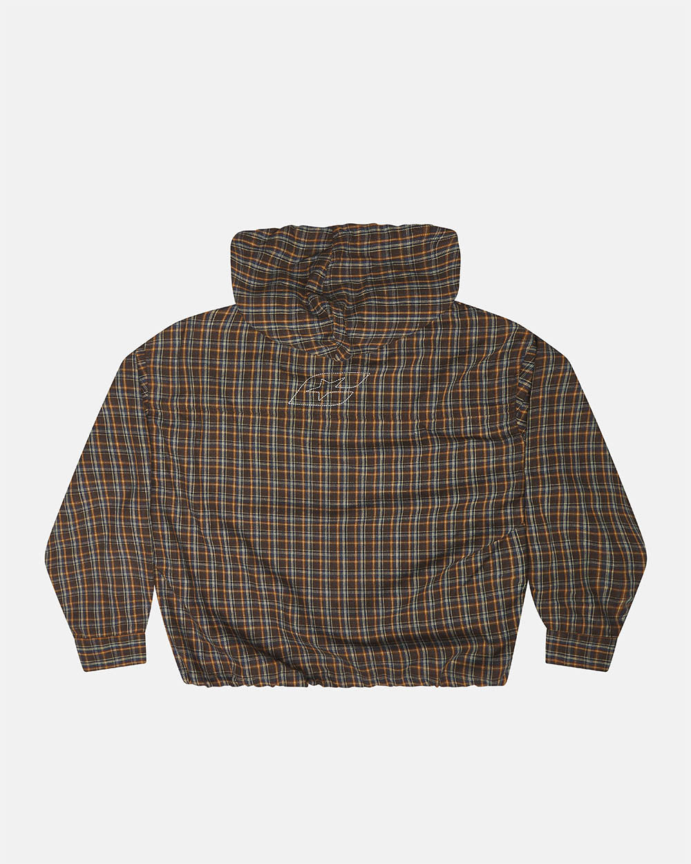 MEMPHIS HOODED SHIRT ORANGE AND BLUE - brown plaid hooded jacket, back view - Cold Culture #packshot