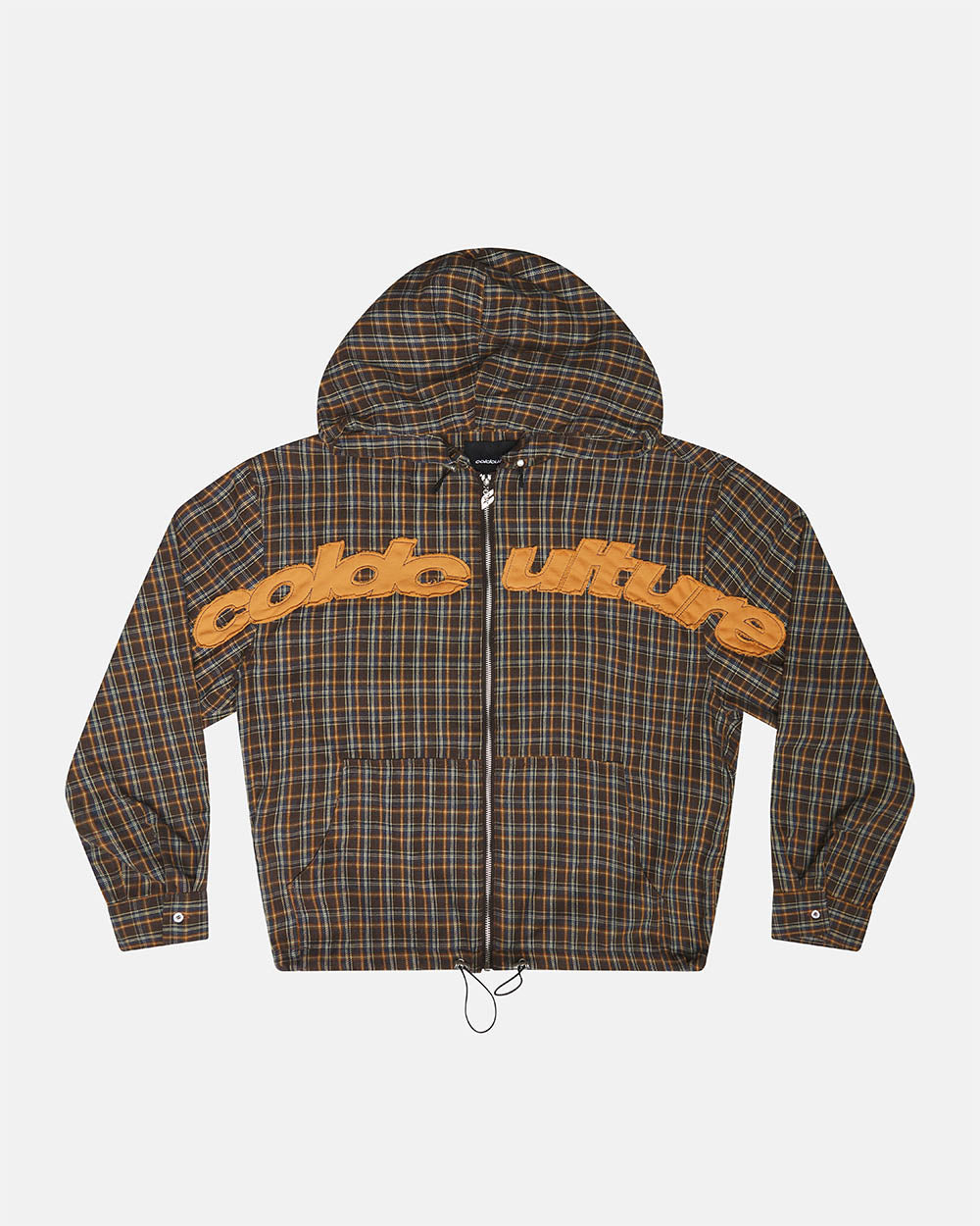 MEMPHIS HOODED SHIRT ORANGE AND BLUE - brown plaid hooded jacket, front view - Cold Culture #packshot