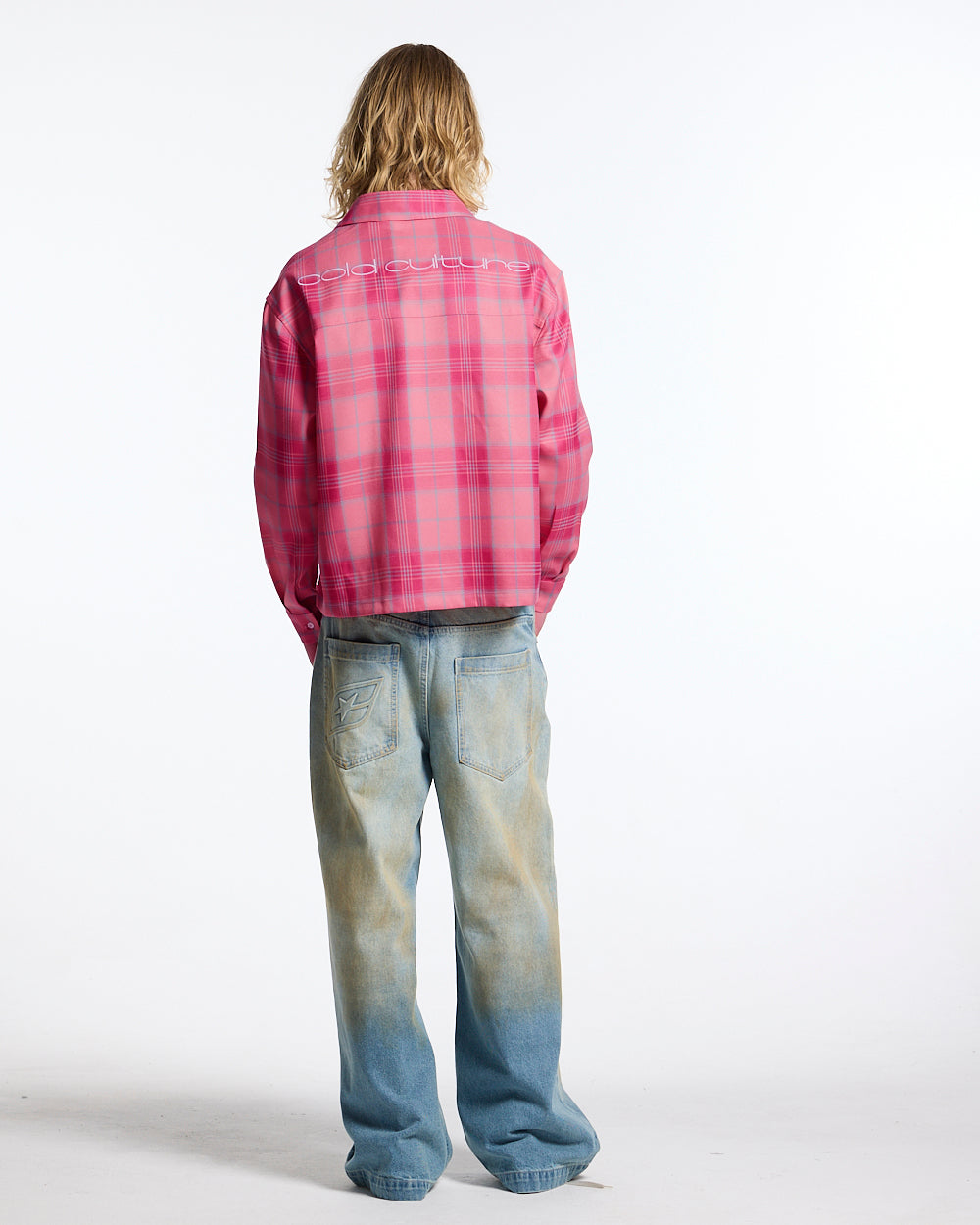 RAKE SHIRT PINK - pink plaid long sleeve shirt, back view on male model - Cold Culture #man