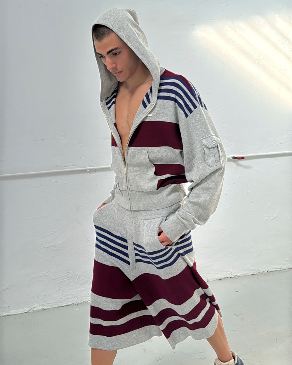 BAIT KNIT SHORT HEATHER GREY - heather grey striped knit shorts, front view on male model - Cold Culture