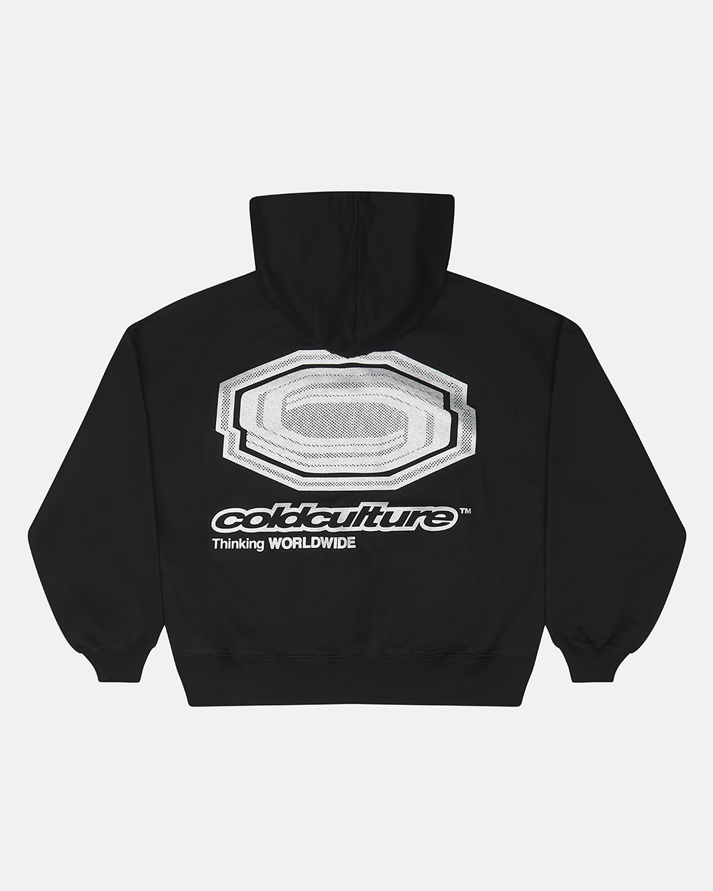 GLITTER HOODIE BLACK - black graphic print hoodie, back view - Cold Culture #packshot