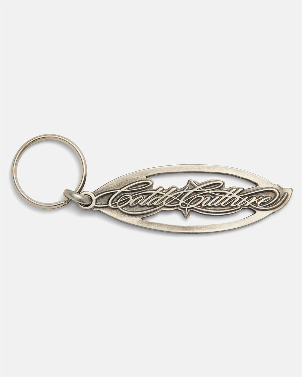 SCRIPT KEYCHAIN METAL SILVER - silver metal logo keychain, front view - Cold Culture #packshot