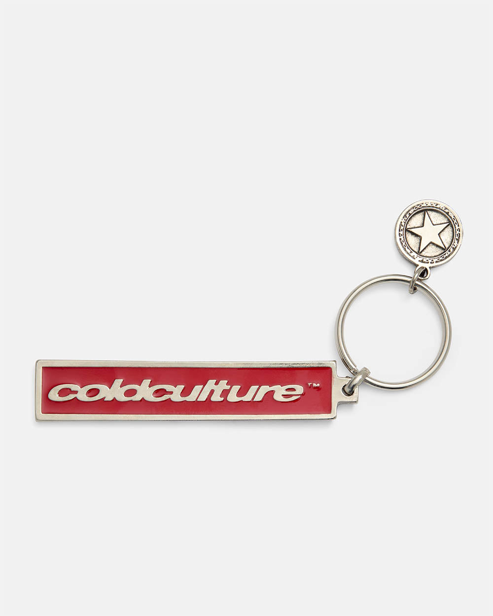 COIN KEYCHAIN METAL RED - red enamel metal keychain, front view - Cold Culture #packshot