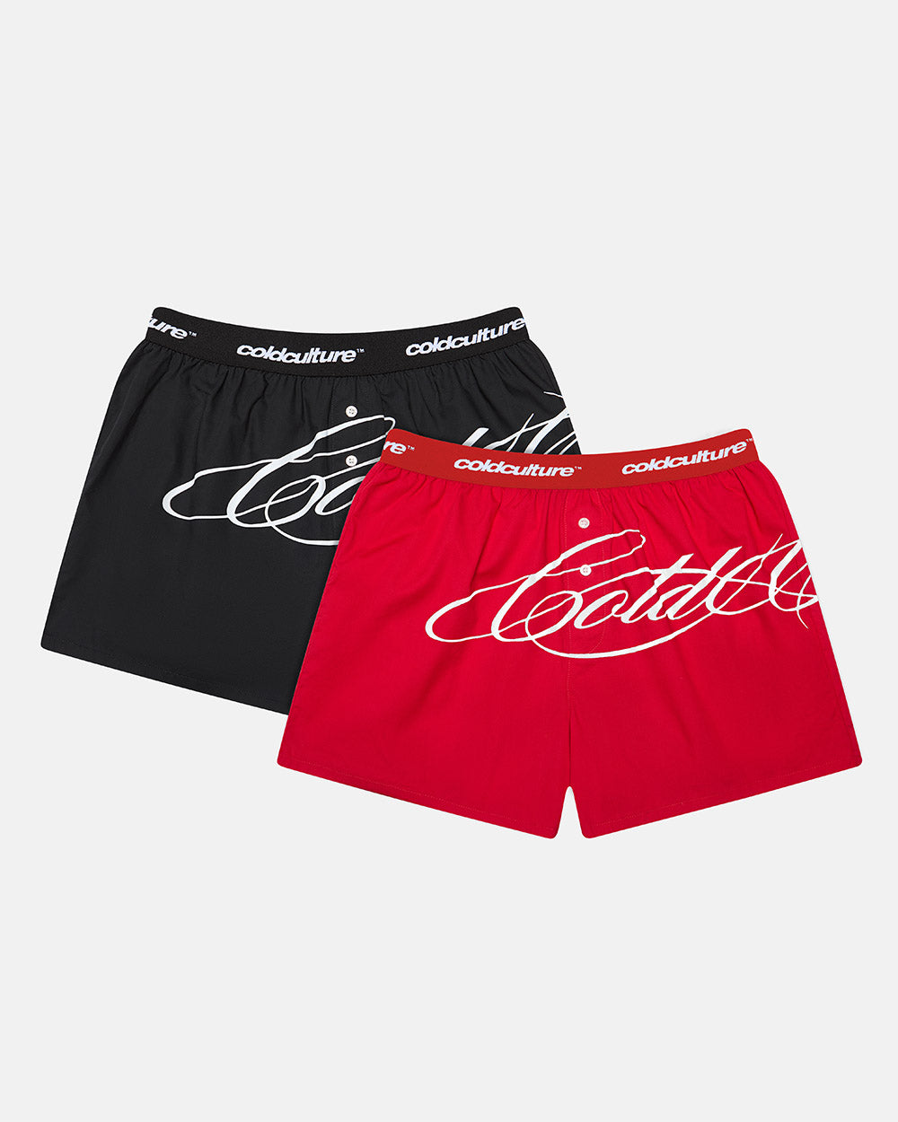 SCRIPT BOXERS PACK RED/ BLACK - red and black script print boxers, flat lay with matching pieces - Cold Culture #packshot