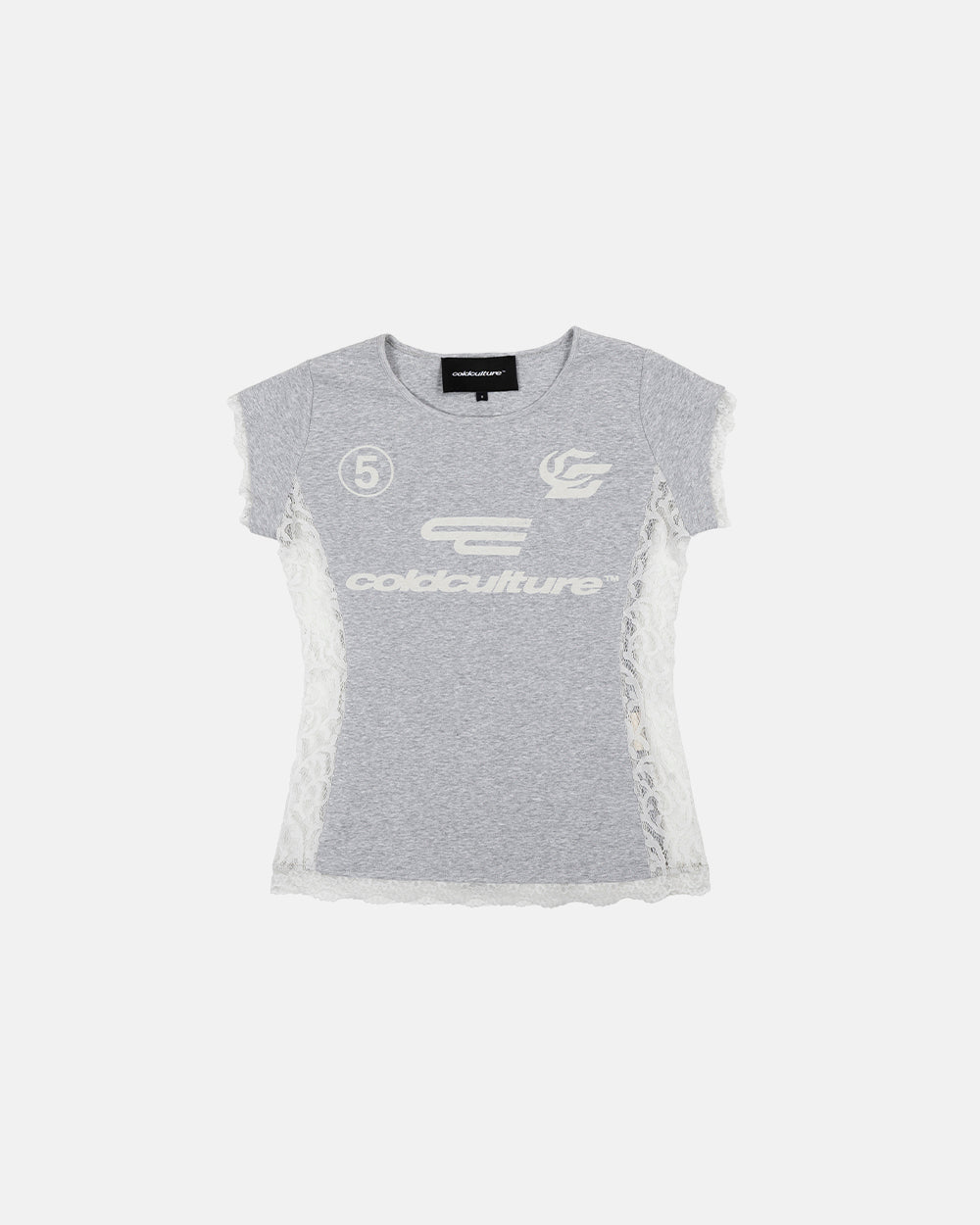 CLUB BABY TEE HEATHER GREY - heather grey lace panel tee, front view - Cold Culture #packshot
