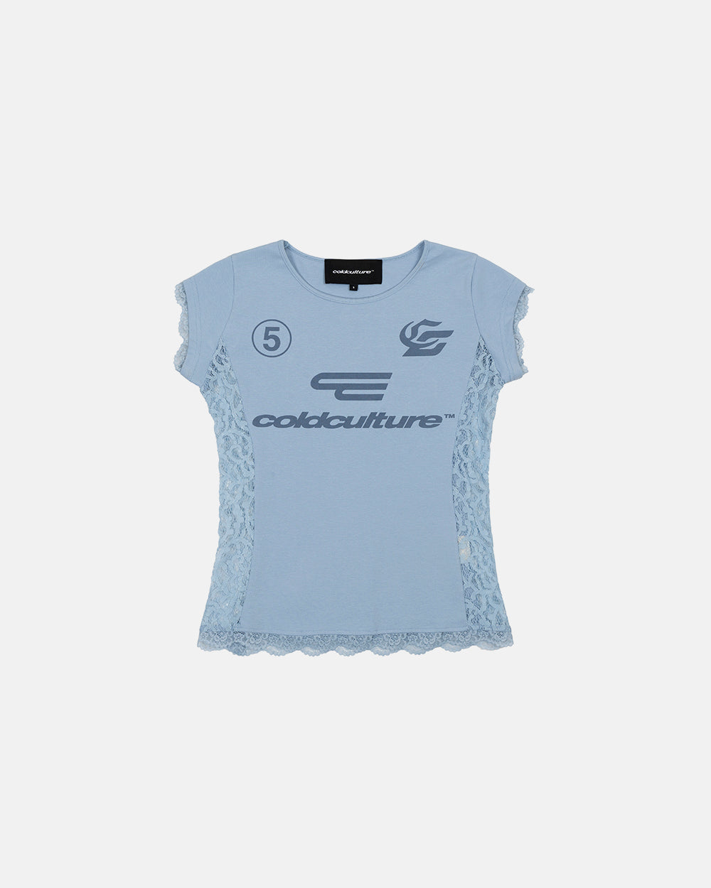 CLUB BABY TEE BABY BLUE - baby blue lace panel tee, front view - Cold Culture #packshot