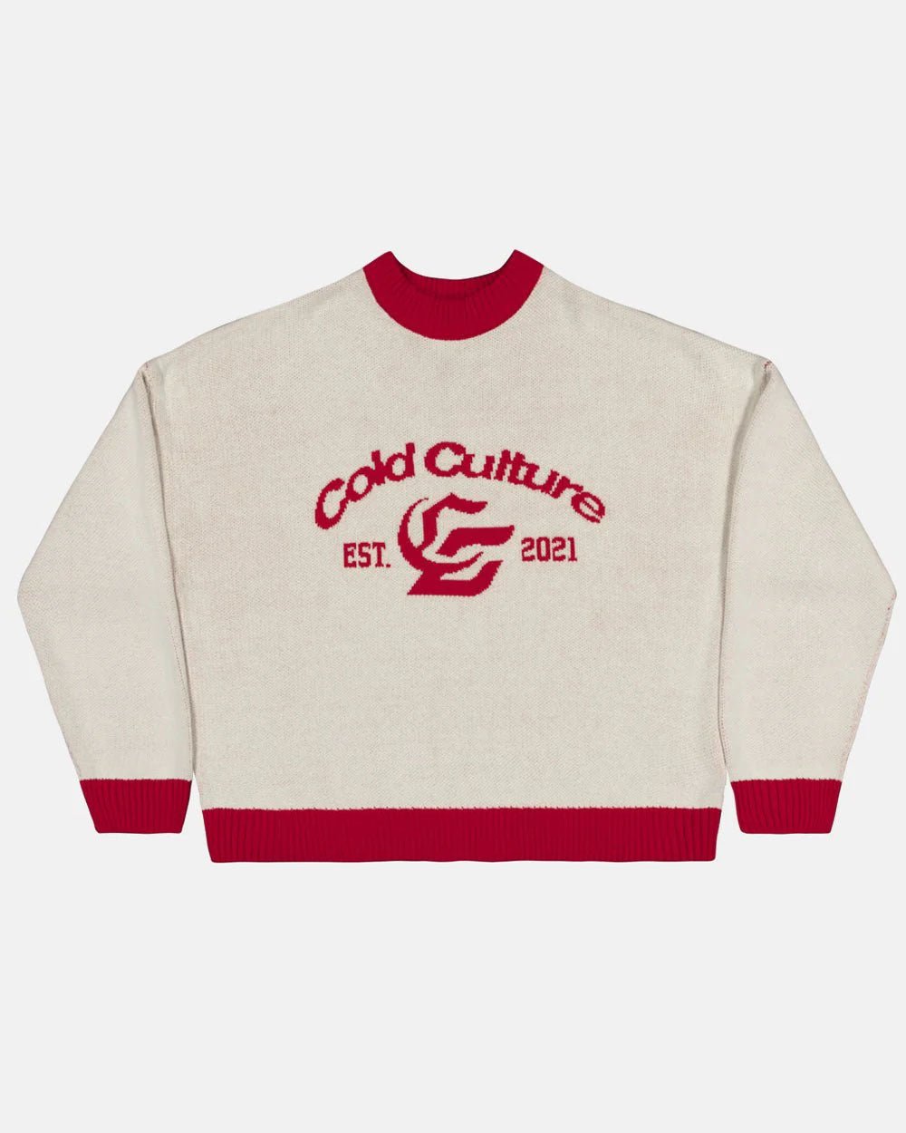 ACADEMY KNIT ACID WHITE - cream knit sweater with red trim, front view - Cold Culture #packshot