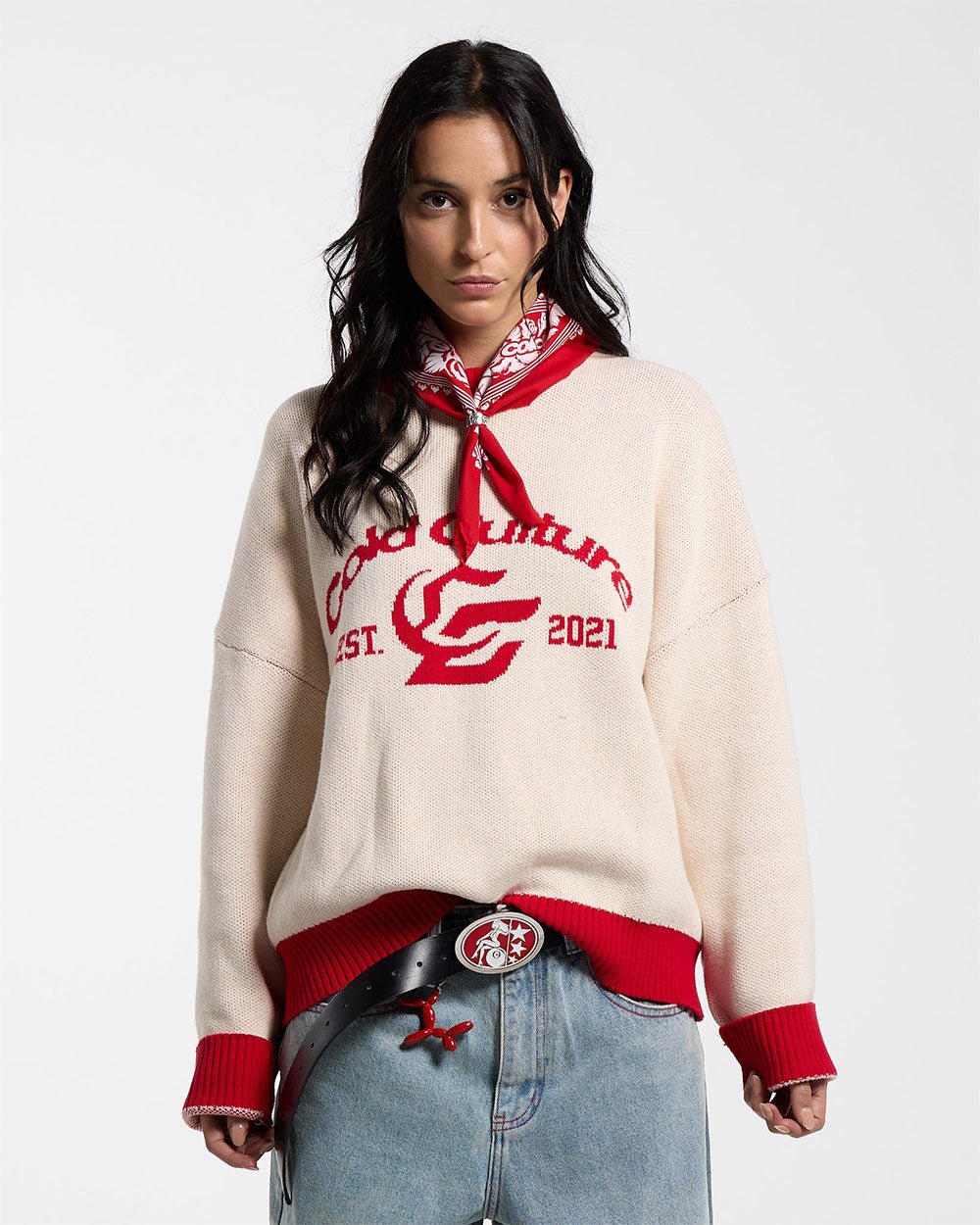 ACADEMY KNIT ACID WHITE - cream knit sweater with red trim, front view on female model - Cold Culture #woman