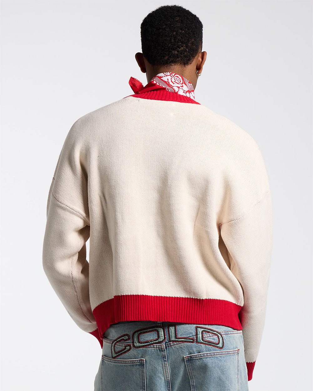 ACADEMY KNIT ACID WHITE - cream knit sweater with red trim, back view on male model - Cold Culture #man