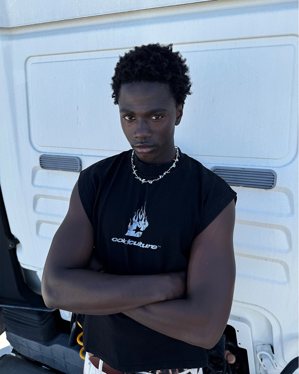 ACID BLACK BOXY TANK - black boxy sleeveless tee, street style shot - Cold Culture
