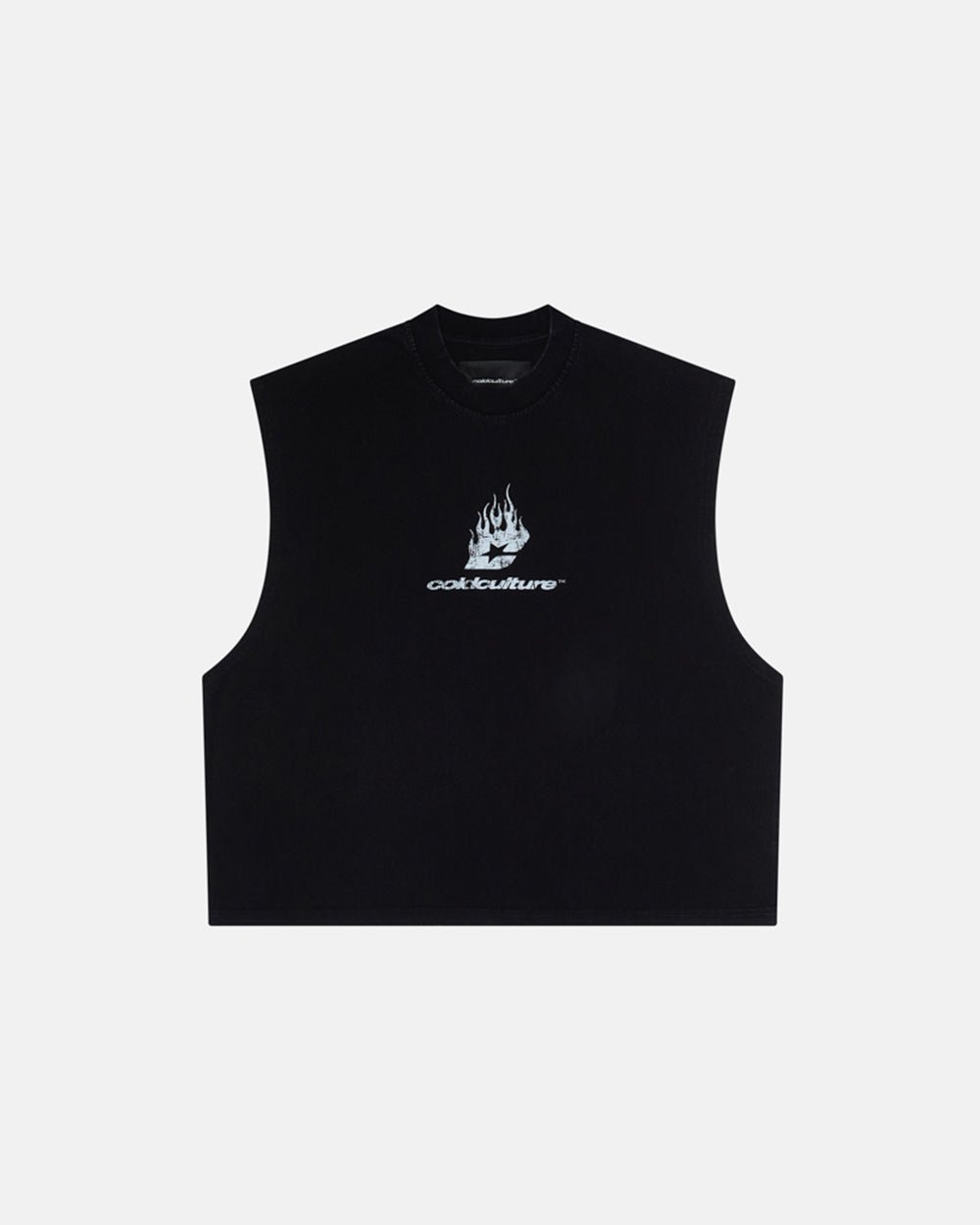 ACID BLACK BOXY TANK - black boxy sleeveless tee, front view - Cold Culture #packshot