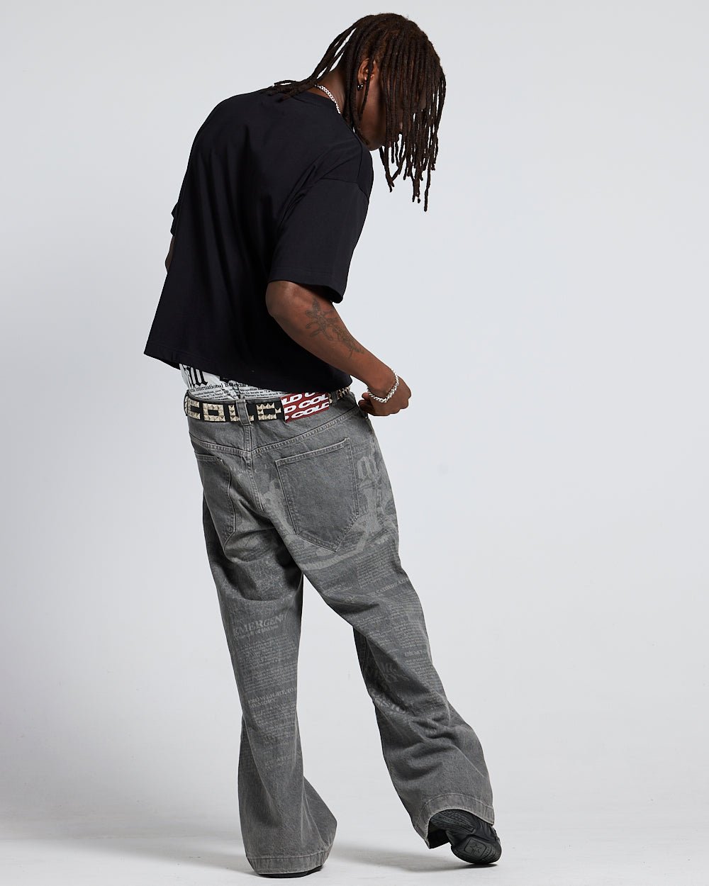 ADVENTURES TEE BLACK & WHITE - black graphic print tee, back view on male model - Cold Culture #man