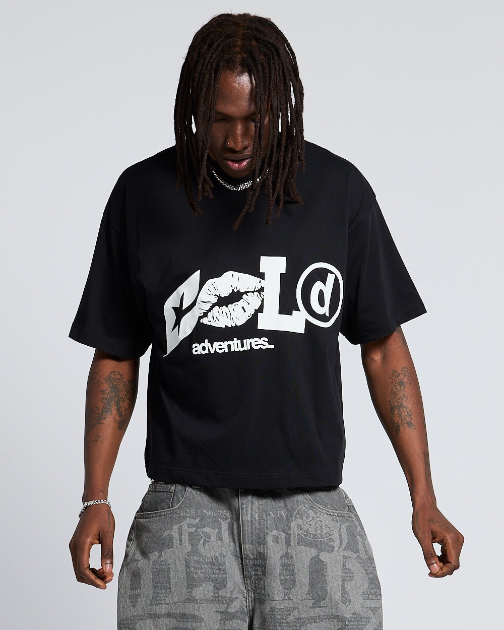 ADVENTURES TEE BLACK & WHITE - black graphic print tee, front view on male model - Cold Culture #man
