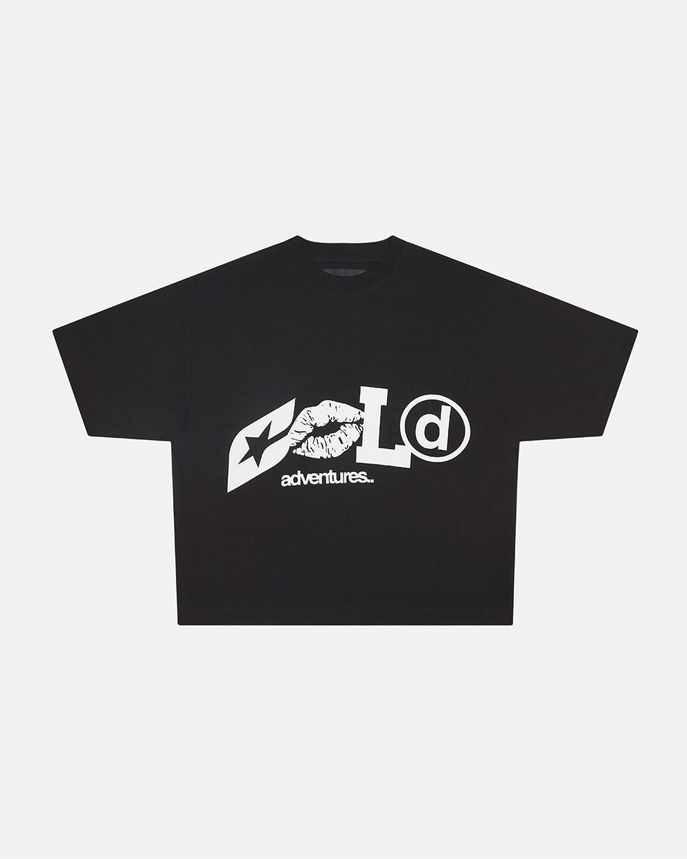 ADVENTURES TEE BLACK & WHITE - black graphic print tee, front view - Cold Culture #packshot