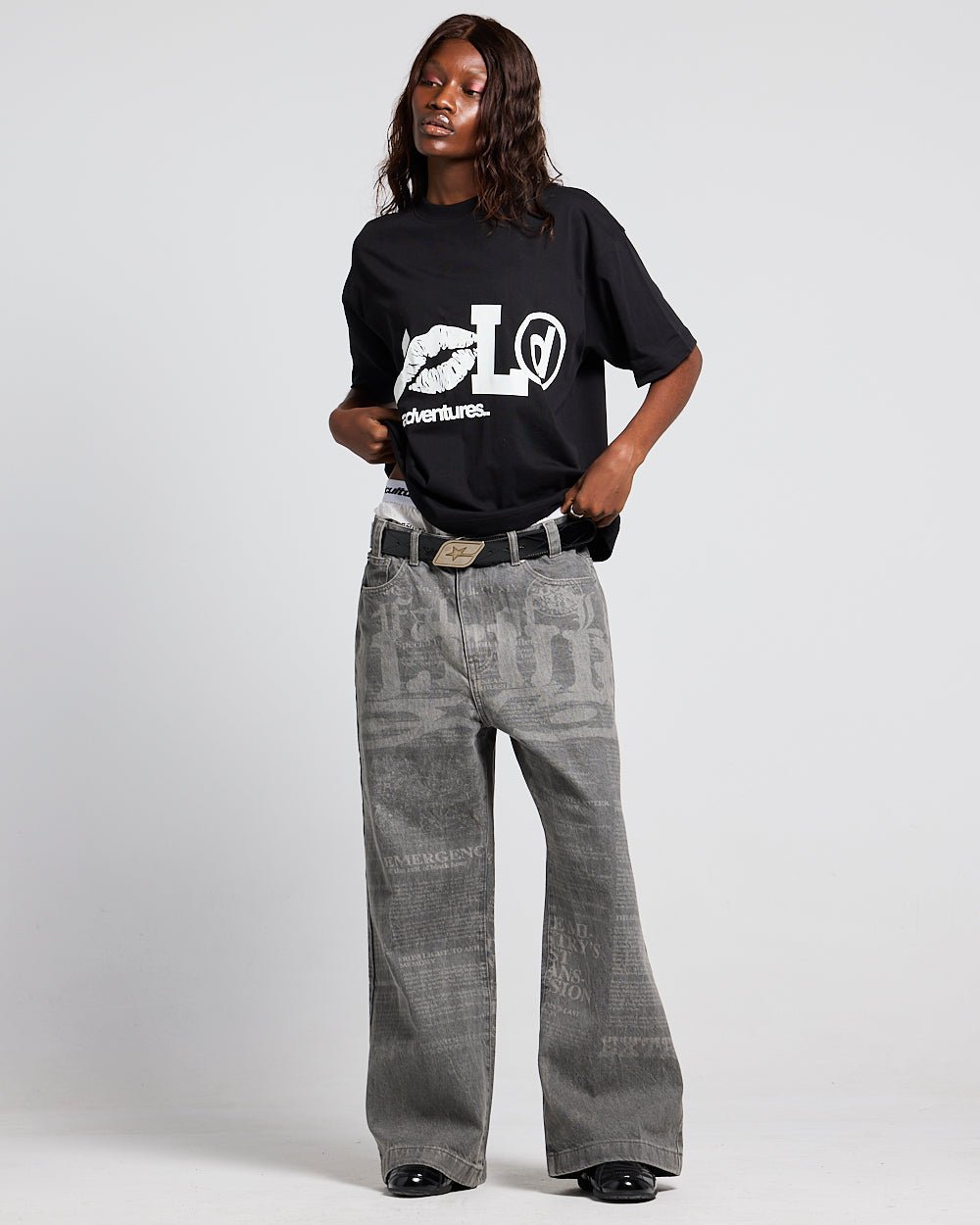 ADVENTURES TEE BLACK & WHITE - black graphic print tee, front view on female model - Cold Culture #woman