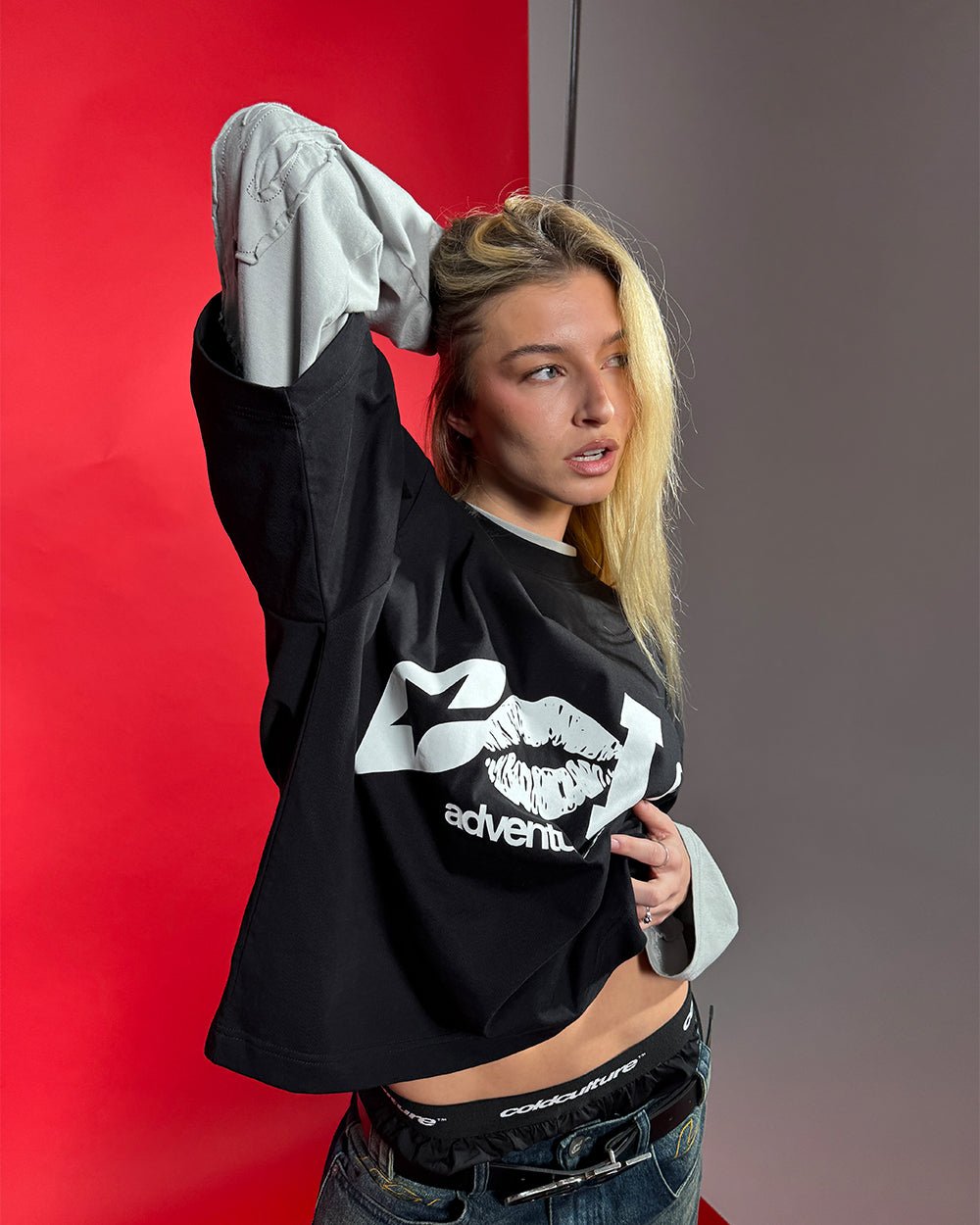 ADVENTURES TEE BLACK & WHITE - black graphic print tee, front view on female model - Cold Culture #woman