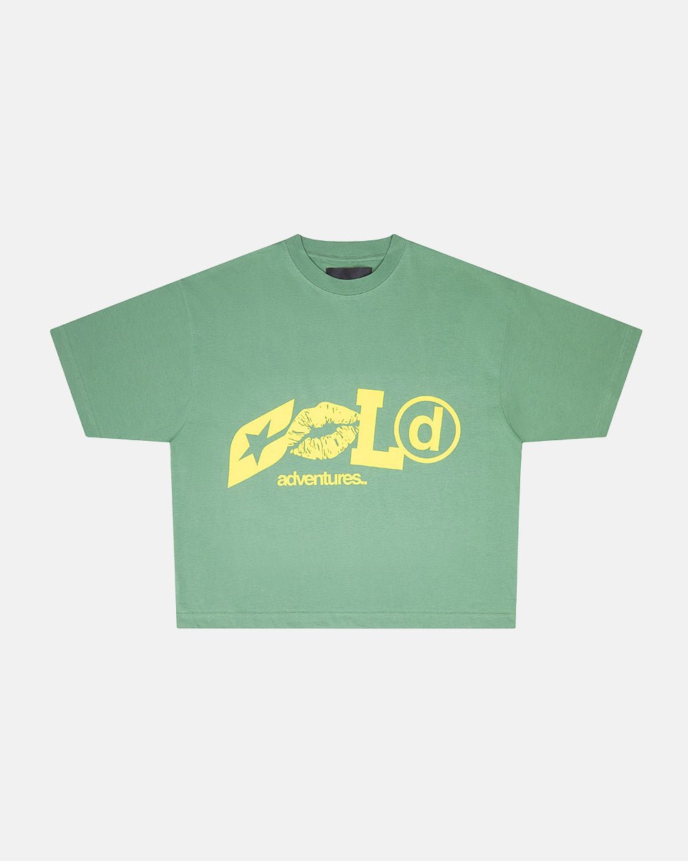 ADVENTURES TEE GREEN & YELLOW - green graphic print tee, front view - Cold Culture #packshot