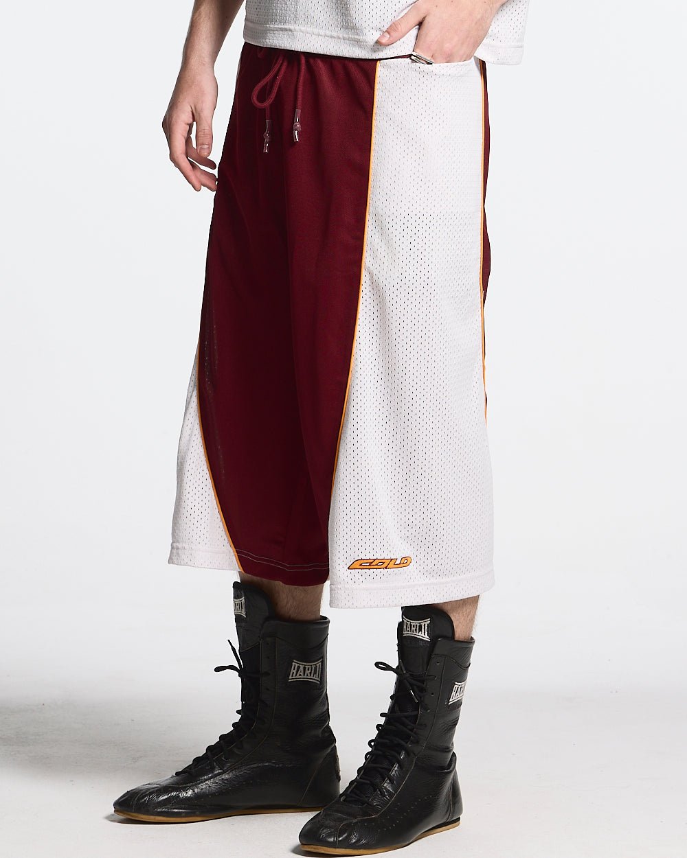 AERO STEED SHORT CREAM/BURGUNDY - cream and burgundy mesh shorts, side view - Cold Culture