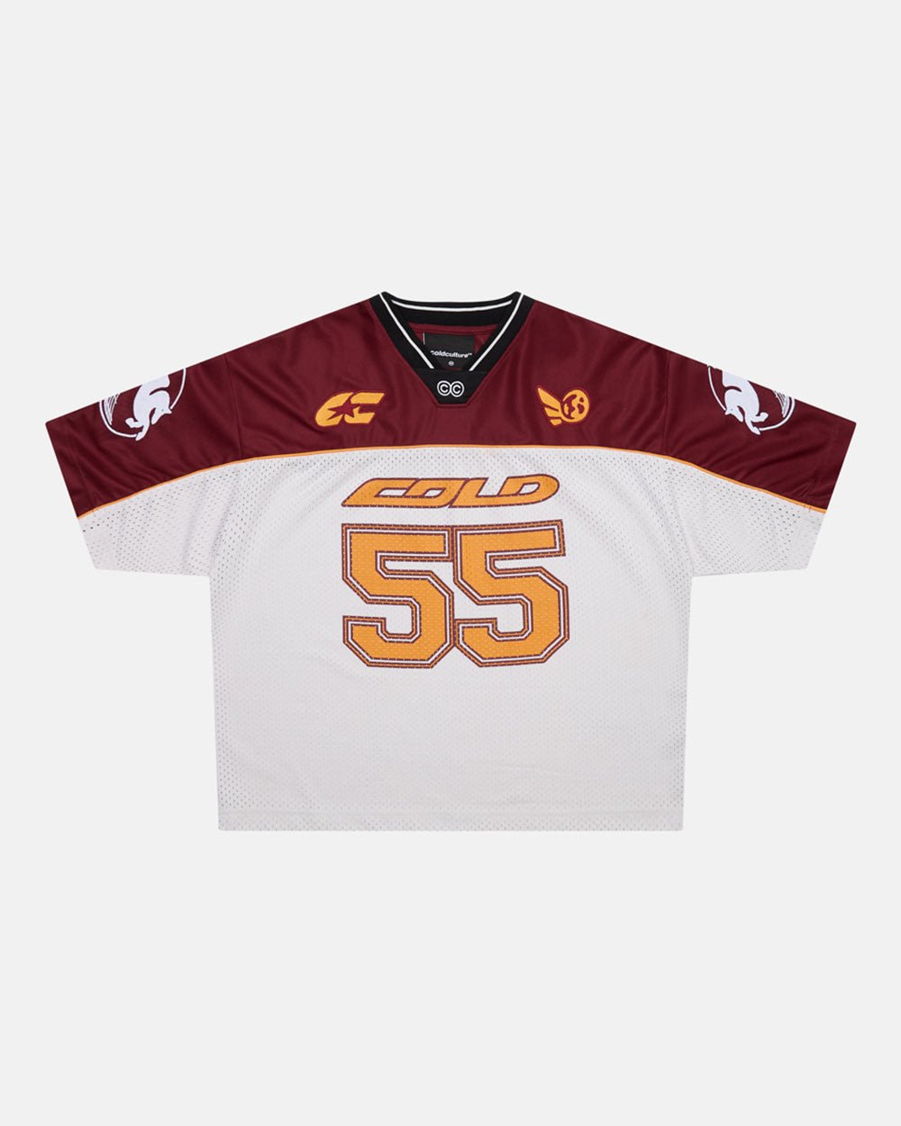AERO STEED TEE CREAM/BURGUNDY - cream and burgundy mesh jersey tee, front view - Cold Culture #packshot