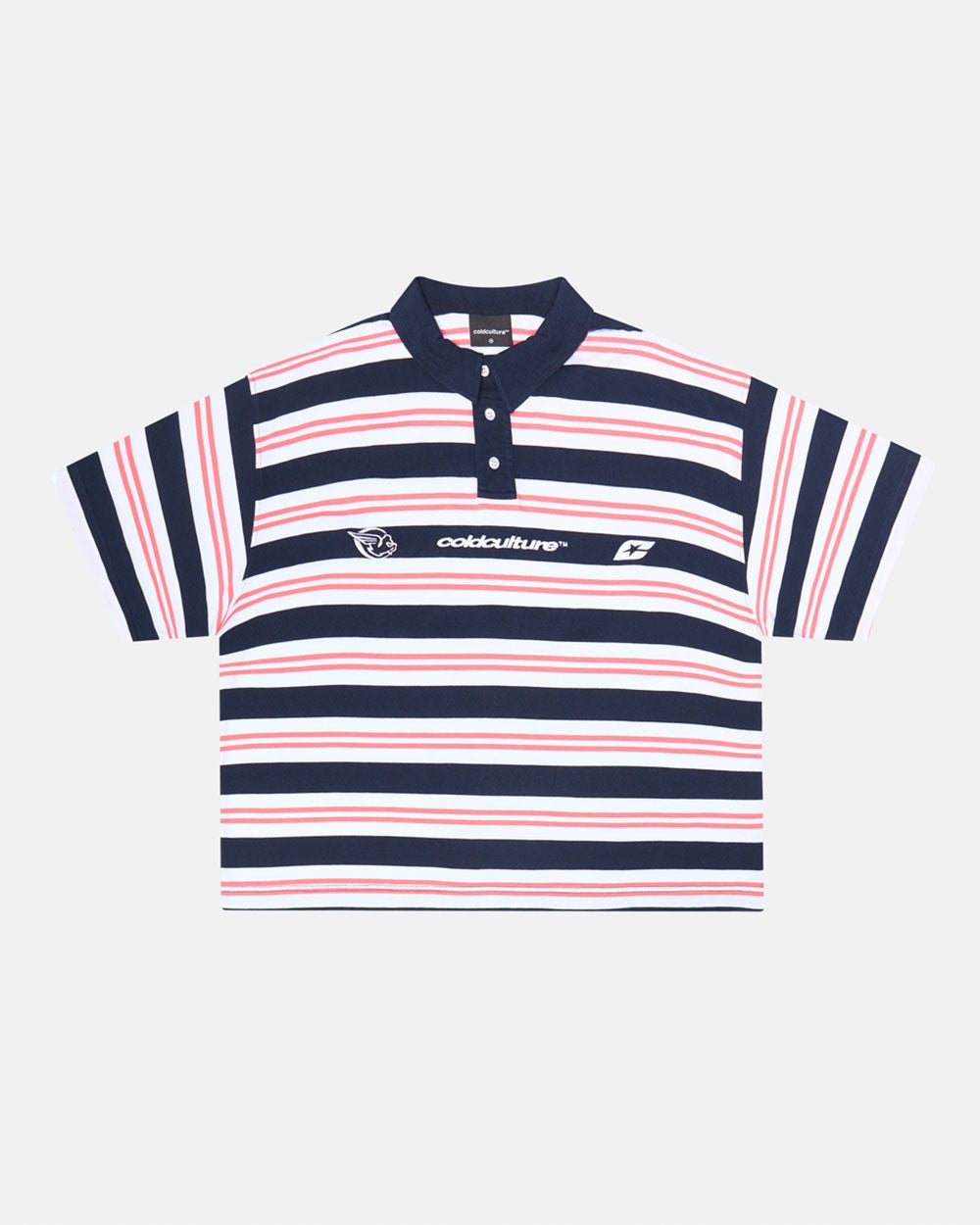 AEROSTRIPES POLO BLUE SEA/CORAL - navy and coral striped polo shirt, front view - Cold Culture #packshot