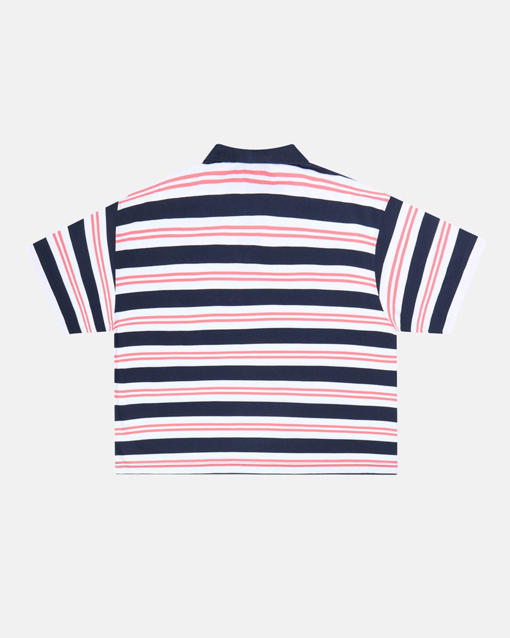 AEROSTRIPES POLO BLUE SEA/CORAL - navy and coral striped polo shirt, back view - Cold Culture #packshot