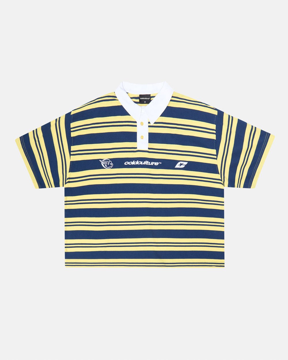 AEROSTRIPES POLO YELLOW/BLUE - yellow and blue striped polo shirt, front view - Cold Culture #packshot