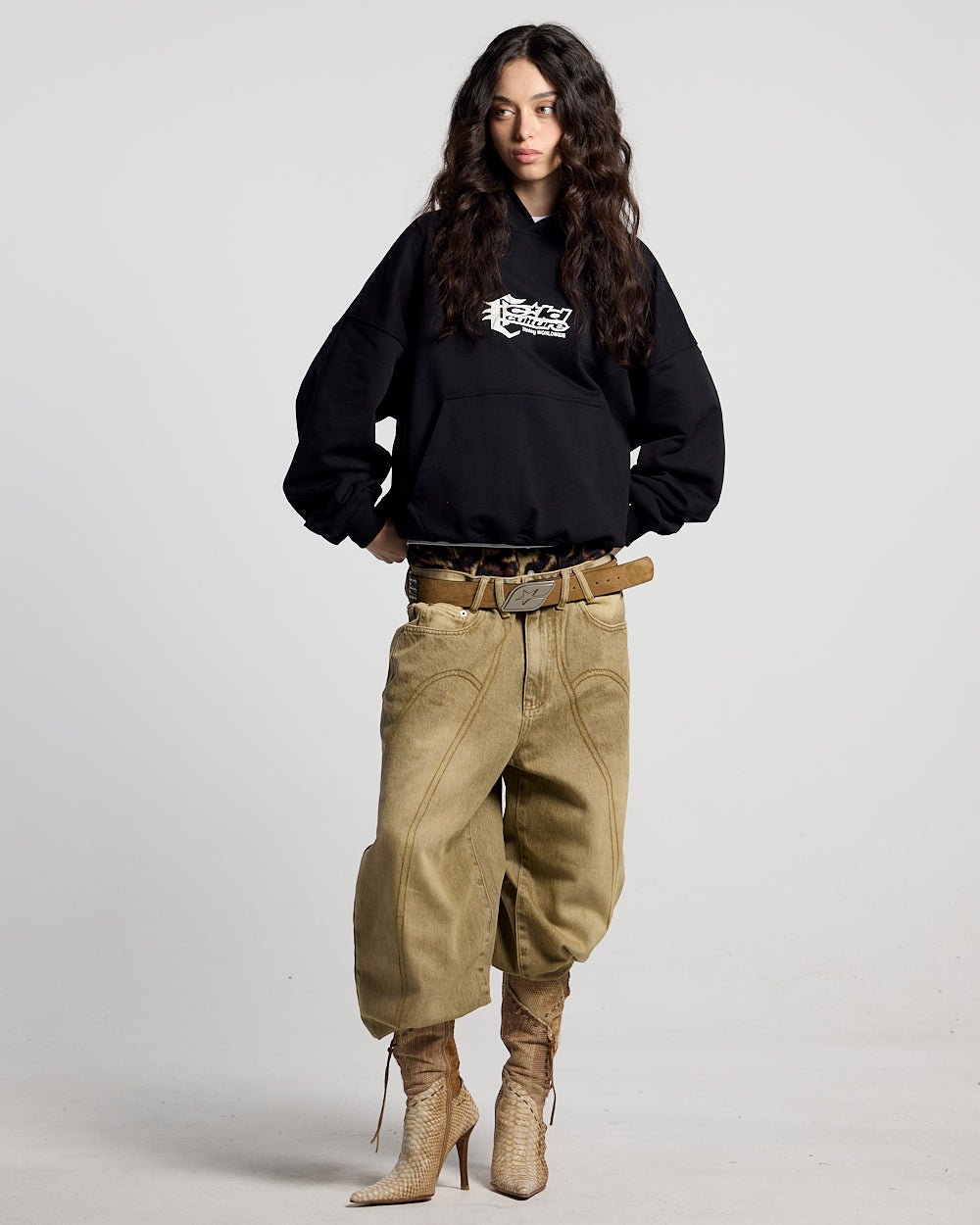 AFTER DARK HOODIE BLACK - black graphic print hoodie, front view on female model - Cold Culture #woman