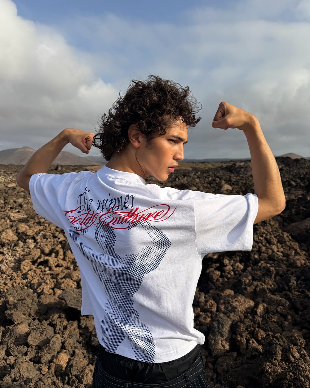 ALL IN TEE WHITE - white graphic print tee, street style shot - Cold Culture