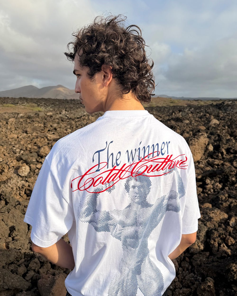ALL IN TEE WHITE - white graphic print tee, street style shot - Cold Culture