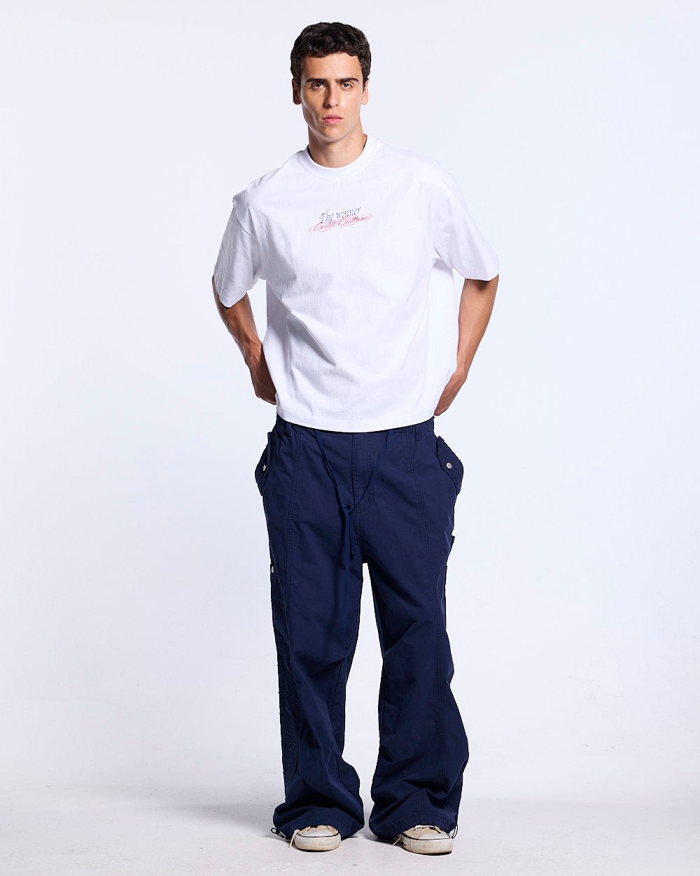ALL IN TEE WHITE - white graphic print tee, front view on male model - Cold Culture #man