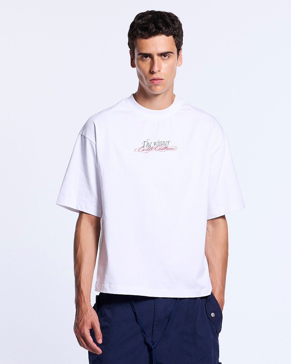 ALL IN TEE WHITE - white graphic print tee, front view on male model - Cold Culture #man