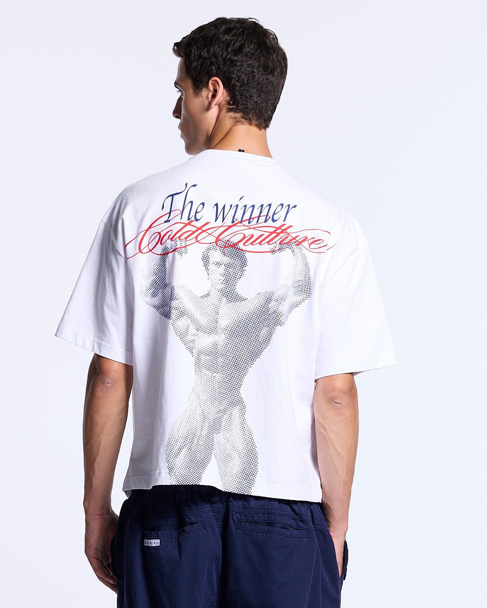 ALL IN TEE WHITE - white graphic print tee, back view on male model - Cold Culture #man